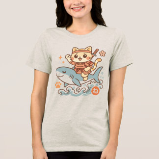 T-shirt En Tri-matière Cute Japanese Kawaii Samurai Cat Riding Shark