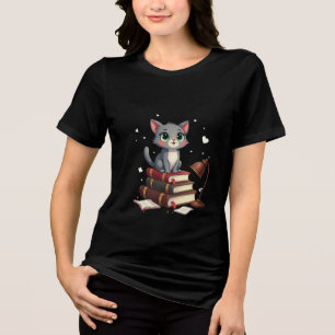 T-shirt En Tri-matière Cute Reading Chat : Kitten sur une pile de livres