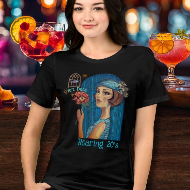 T-shirt En Tri-matière Dame Art déco en robe bleue (Art Deco Lady in Blue Dress Tri-Blend Shirt)
