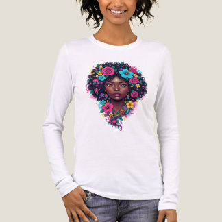 T-shirt En Tri-matière Deep Black Woman W/ Bright Flower Adorned Afro