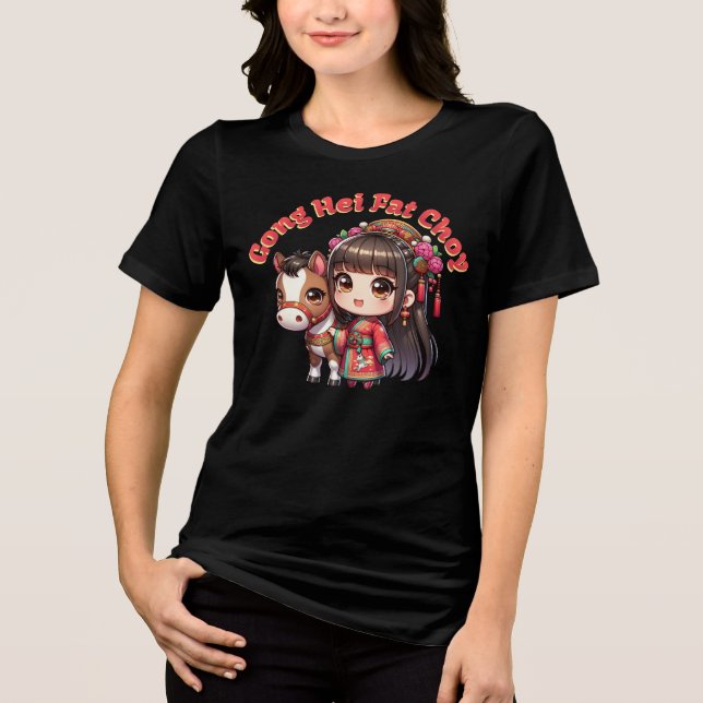 T-shirt En Tri-matière Dessin chinois Nouvel An Cheval et fille (Recto)