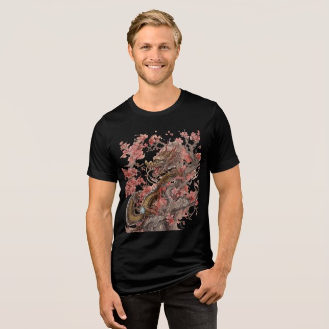 T-shirt En Tri-matière Dragon Doré dans l'Illustration d'Arbre Sakura (Recto plein)