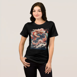T-shirt En Tri-matière Dragon rouge et doré au-dessus d'une mer agitée