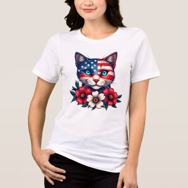 T-shirt En Tri-matière Drapeau américain chat mignon et Fleurs rouges Pat (Recto)