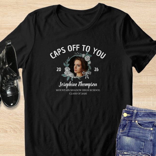 T-shirt En Tri-matière Elegant Black & White 2026 Graduation Floral Photo (Créateur téléchargé)