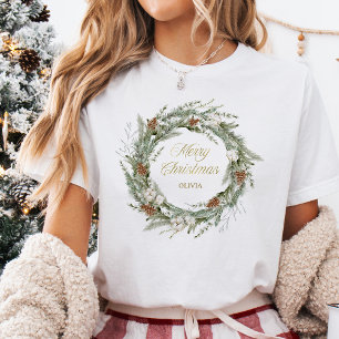 T-shirt En Tri-matière Elégante couronne de pin et verdure   Joyeux Noël