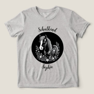 T-shirt En Tri-matière Enfant scolarisé - Poney aux fleurs - noir blanc  