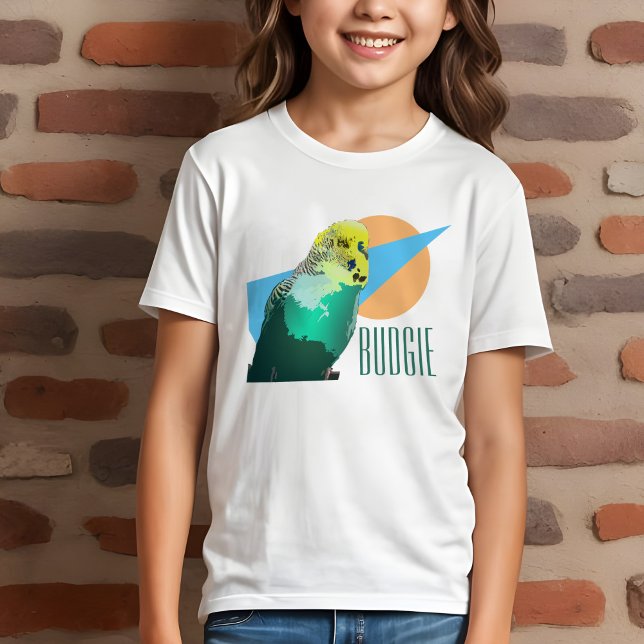 T-shirt En Tri-matière Enfants Budgie Love Retro Blue Geometry Animaux de (Kids' budgie t-shirt with cool retro geometric design and aqua budgerigar for pet bird lovers)