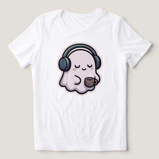 T-shirt En Tri-matière Fantôme Sleepy Avec Café - Kawaii | BKANC SEULEMEN (Design Recto)