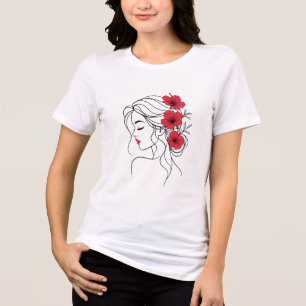 T-shirt En Tri-matière Femme aux Fleurs Rouges Ligne Féminine Élégante