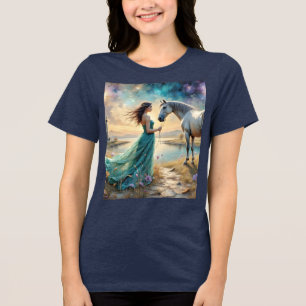 T-shirt En Tri-matière Femme en robe et son cheval dans un paysage nature
