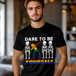 T-shirt En Tri-matière Fierté LGBT Ose Être Vous-Même Dab Moderne<br><div class="desc">Ce design moderne sur le thème LGBT comporte le texte "Oser être soi-même" en typographie blanche et arc-en-ciel accentué de trois squelettes blancs et d'un squelette arc-en-ciel qui sabote #LGBT #gay #pride #lesbian #bisexual #transgender #queer #equality #rainbow #fashion #stylish #halloween #skeleton</div>