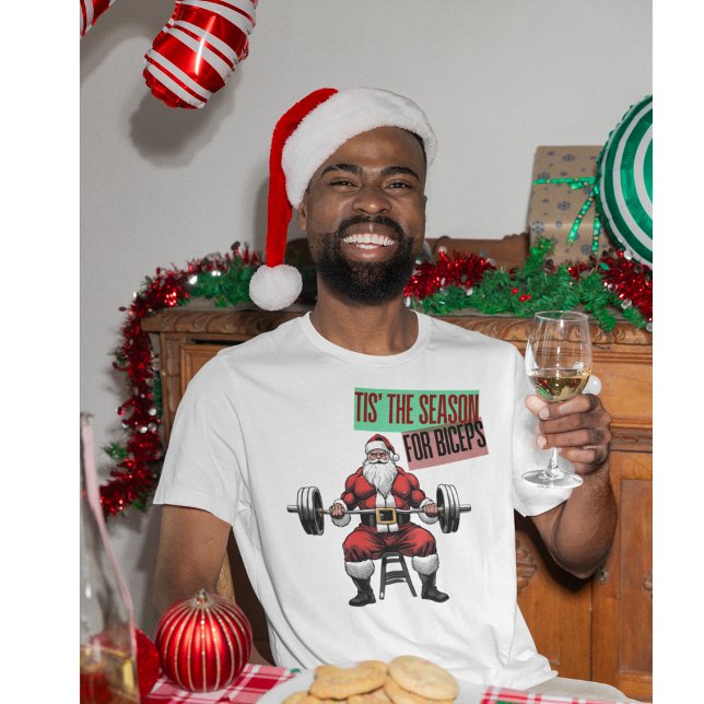 T-shirt En Tri-matière Fitness amusant Noël Bicep Curls Barbell Père Noël (Tis' The Season For Biceps. A funny Christmas gym Swole Santa Shirt)
