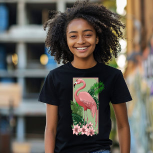 T-shirt En Tri-matière Flamant Rose Tropical Feuilles de Palmier Vert Lil