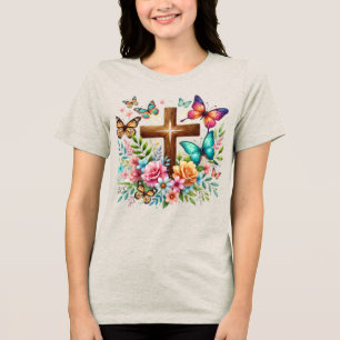 T-shirt En Tri-matière Floral Croix chrétienne papillons religieux