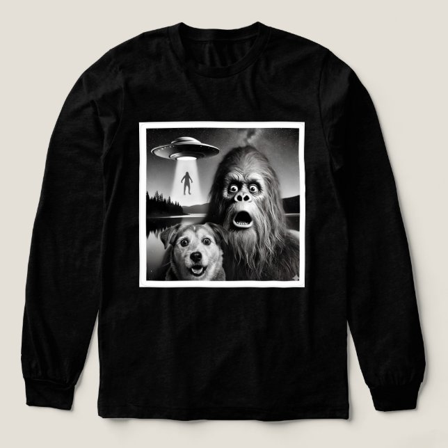 T-shirt En Tri-matière Funny Scared Bigfoot & Dog Watching UFO Alien (Motif devant)