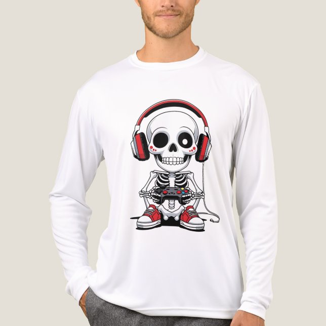 T-shirt En Tri-matière Gamer Skeleton - Funny Halloween Gaming (Recto)