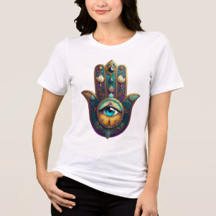 T-shirt En Tri-matière Gold Violet Teal Hamsa avec Troisième Œil Turquois