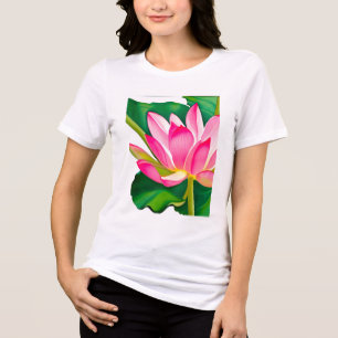 T-shirt En Tri-matière Grande Lit d'eau rose avec Feuilles vert émeraude