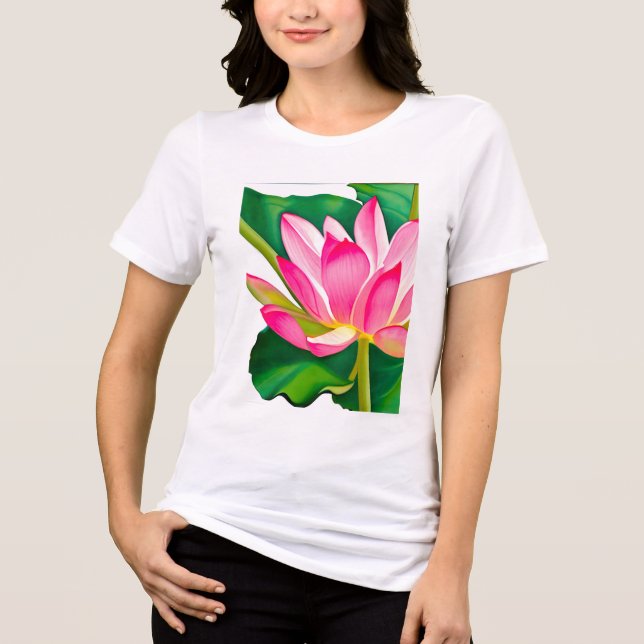 T-shirt En Tri-matière Grande Lit d'eau rose avec Feuilles vert émeraude (Recto)
