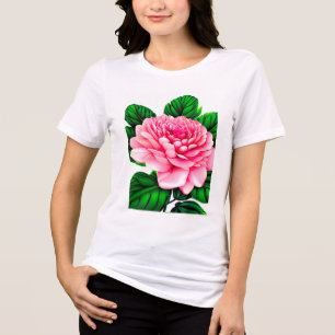 T-shirt En Tri-matière Grande pivoine rose avec Feuilles vert émeraude