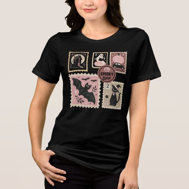 T-shirt En Tri-matière Halloween en rose timbres Postal Chat Citrouille c (Recto)