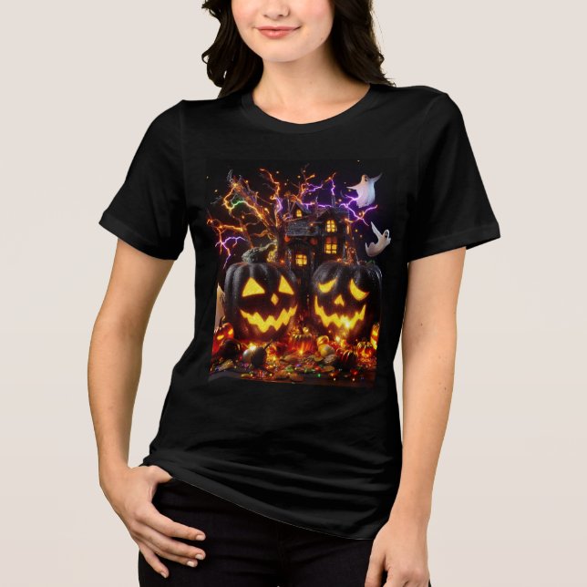 T-shirt En Tri-matière 🦇 Halloween 🎃 scène avec Haunting 🙅 Jack-o'- (Recto)