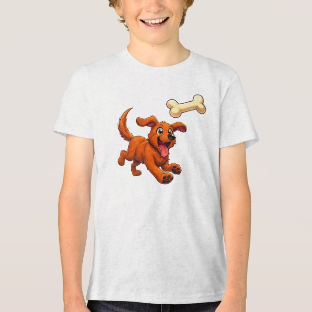 T-shirt En Tri-matière Happy Dog Chasing Bone – Cute Cartoon Puppy T-Shir (Recto)
