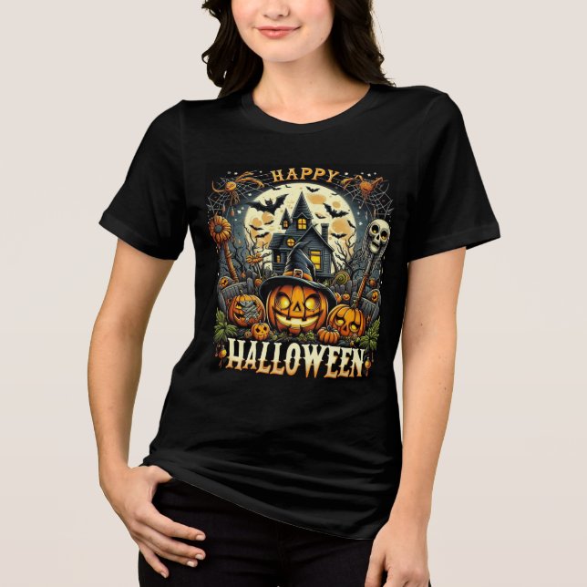 T-shirt En Tri-matière Happy Halloween Spooky Haunted House & Pumpkins (Recto)