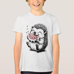 T-shirt En Tri-matière Hérisson Mignon Mangeant de la Pastèque Art