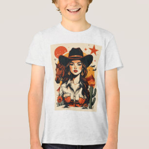 T-shirt En Tri-matière Illustration Vintage de Cowgirl Western au Coucher
