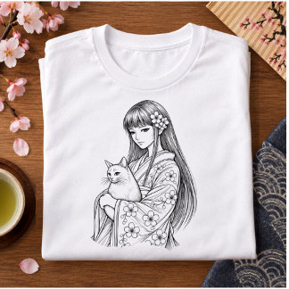 T-shirt En Tri-matière Jeune Japonaise avec un chat blanc
