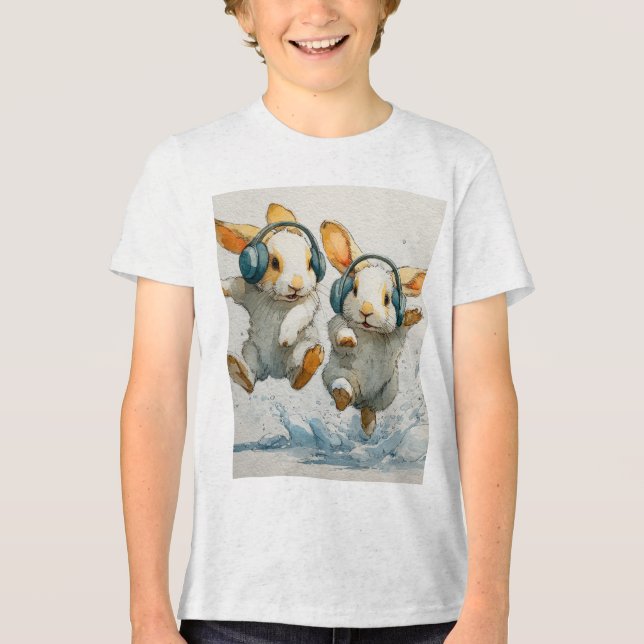 T-shirt En Tri-matière Joli lapin dansant avec casque pour enfants T-shir (Recto)