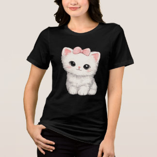 T-shirt En Tri-matière Joli petit chaton blanc avec un nœud rose