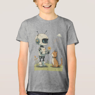 T-shirt En Tri-matière Joli Robot Offrant une Fleur à un Chat, une Illust