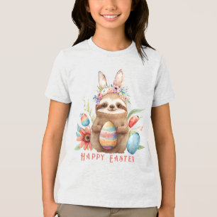 T-shirt En Tri-matière Jolie Sloth Lapin de Pâques Oeufs d'aquarelle de l