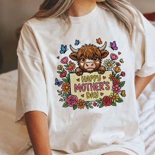 T-shirt En Tri-matière Joyeuse Fête Des Mères Vache Highland Fleurie Mign