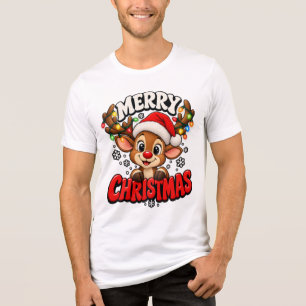 T-shirt En Tri-matière Joyeux Noël Renne Mignon avec Chapeau de Père Noël
