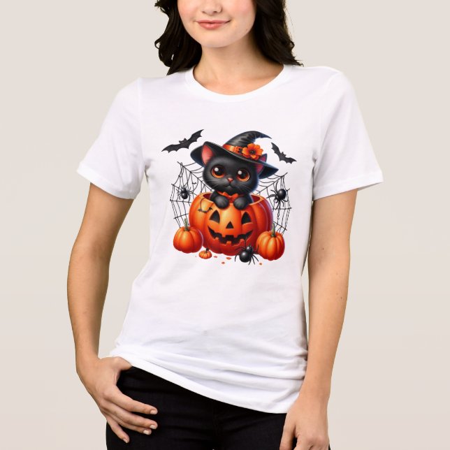T-shirt En Tri-matière Kitten noir dans un Citrouille d'Halloween (Recto)