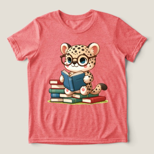 T-shirt En Tri-matière Léopard Mignon en Train de Lire (Design Recto)