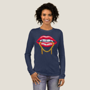 T-shirt En Tri-matière Lèvres Rouges Mordant une Chaîne Dorée Élégante