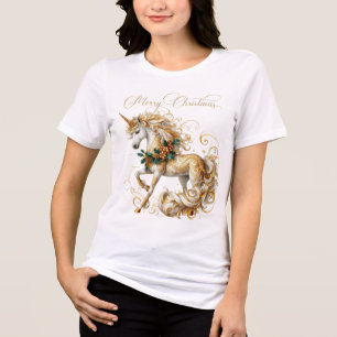T-shirt En Tri-matière Licorne de Noël Élégante Blanche et Or