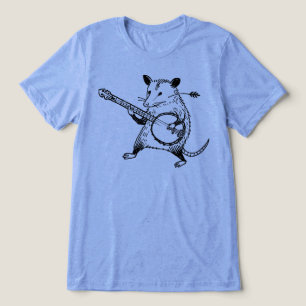 T-shirt En Tri-matière Linogravure vintage d'un opossum jouant du banjo