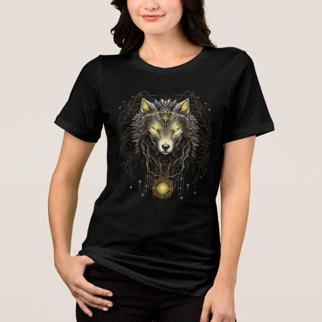 T-shirt En Tri-matière Loup Esprit Doré – Art de Géométrie Sacrée (Recto)