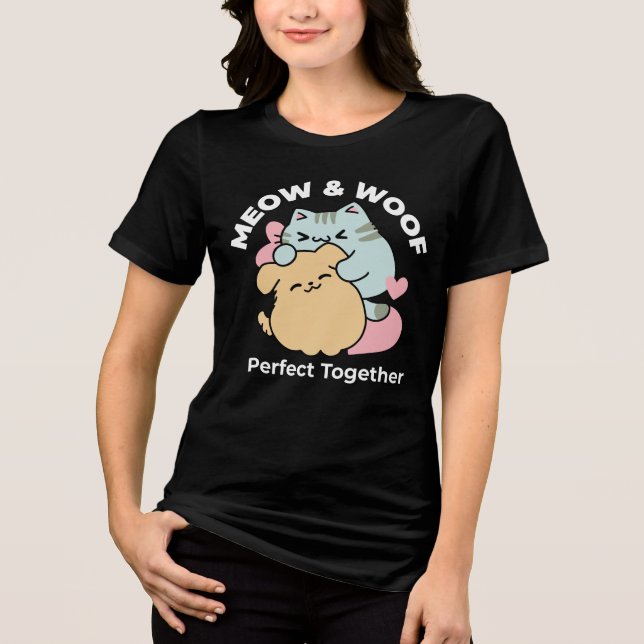 T-shirt En Tri-matière Meow & Woof Perfect Together - Cute Cat and Dog (Recto)