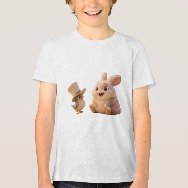 T-shirt En Tri-matière Mignonne lapin et oiseau avec chapeau supérieur (Recto)