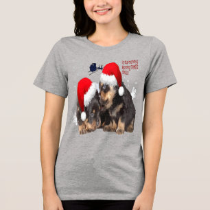 T-shirt En Tri-matière Noël blanc chiot avec le Père Noël Sleigh