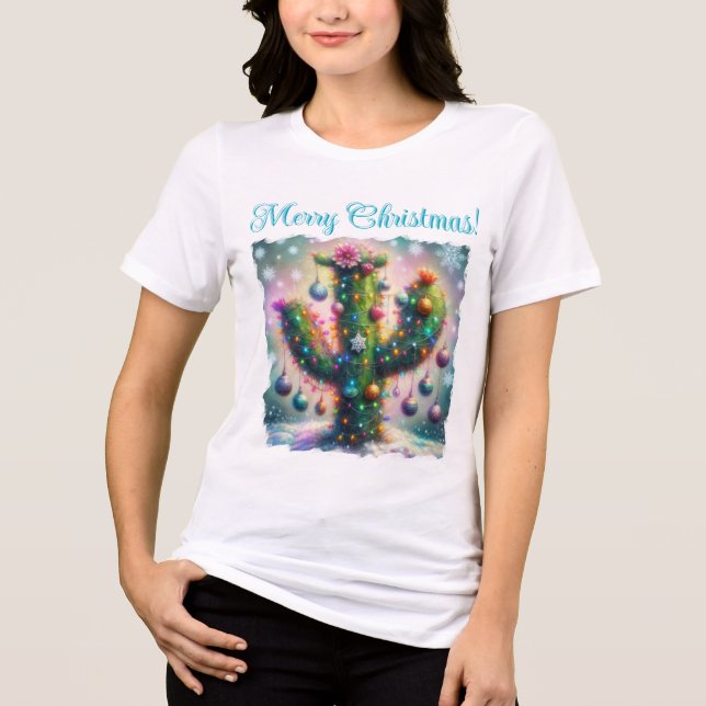 T-shirt En Tri-matière Noël Saguaro Cactus Whimsical Snowflakes Turquoise (Recto)