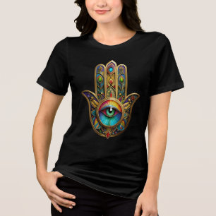 T-shirt En Tri-matière Orné Hamsa Coloré Or Sur Fond Rouge Troisième Œil 