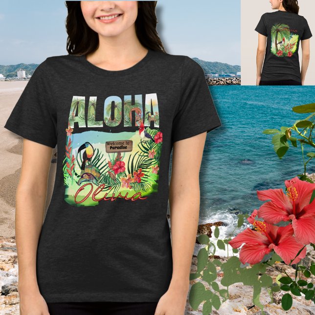 T-shirt En Tri-matière Paradis Tropical Aloha Personnalisé Double Côté (Personalized Aloha Tropical Paradise Double-Sided Tri-Blend Shirt)